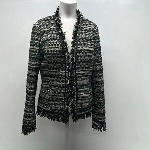 Boston Proper Blazer Jacket Coat Tweed Fringe Striped Black Tan Sparkle Size 8
